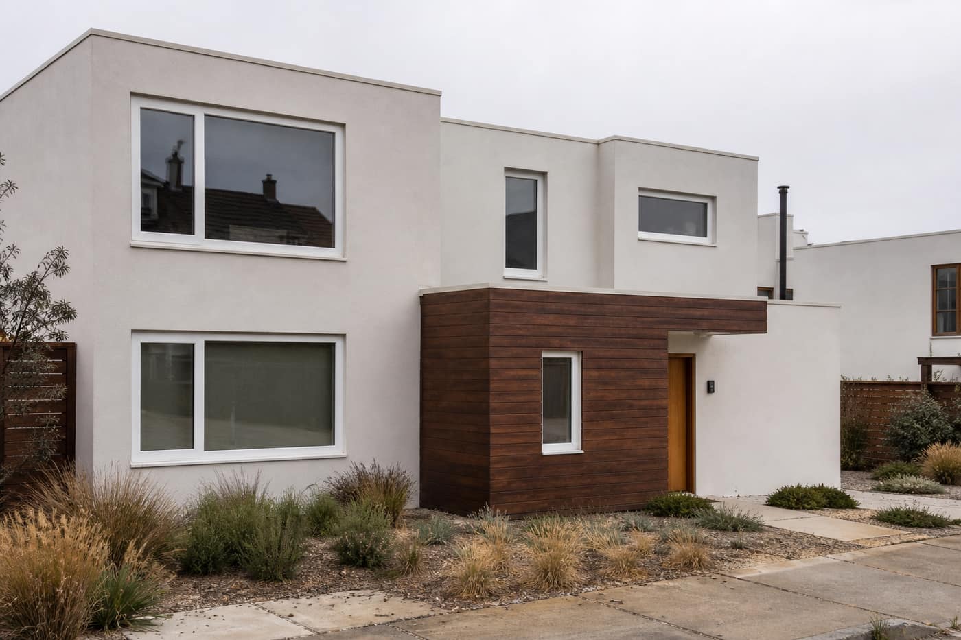 Fachada de casa con ventanas de PVC blancas. Foto de referencia, no es un trabajo de Winwood.